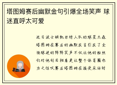 塔图姆赛后幽默金句引爆全场笑声 球迷直呼太可爱