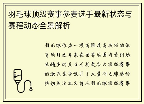 羽毛球顶级赛事参赛选手最新状态与赛程动态全景解析