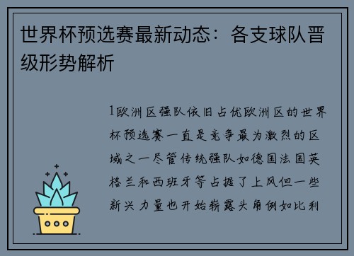 世界杯预选赛最新动态：各支球队晋级形势解析